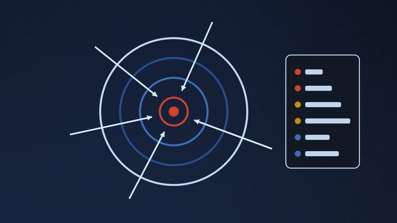 Illustration: probes converging on a target, with the findings recorded in a report.