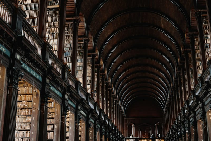 A long library hall lined with books