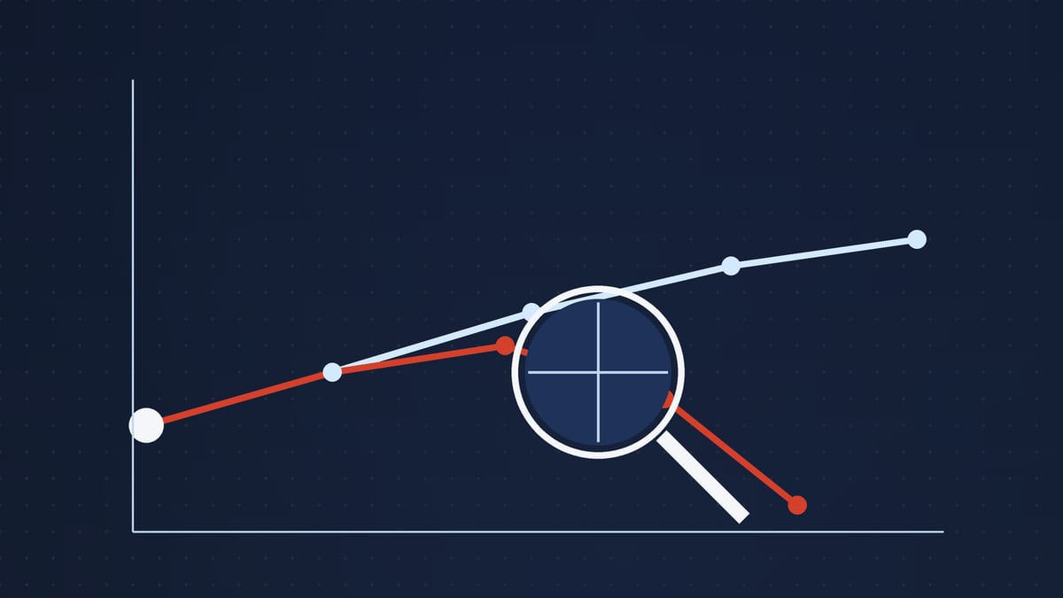 Illustration: two trajectories from one starting point, one staying on course and one drifting, under a monitoring lens.