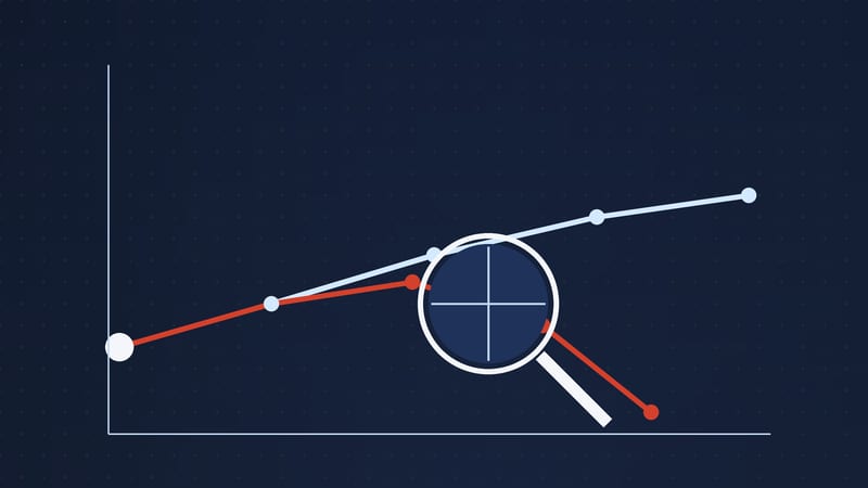 Illustration: two trajectories from one starting point, one staying on course and one drifting, under a monitoring lens.