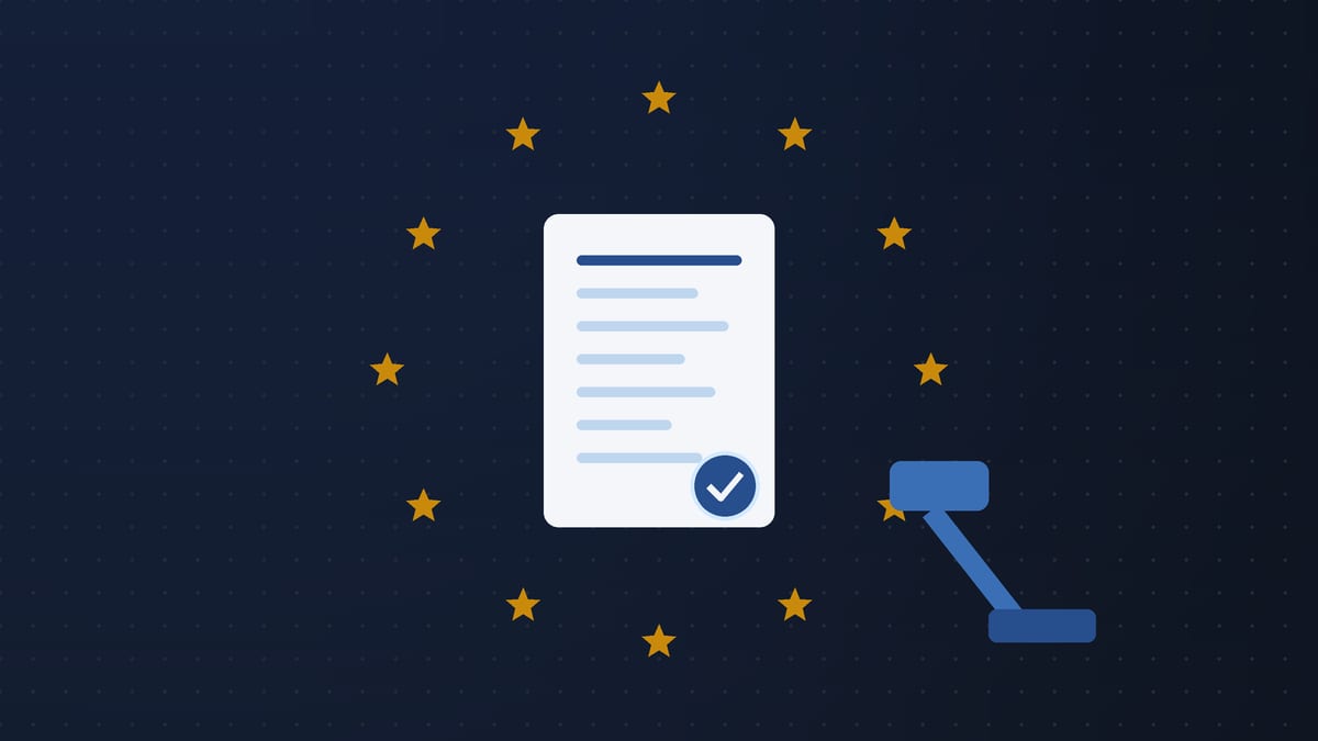 Illustration: a ring of twelve stars around a sealed legal document and a gavel.