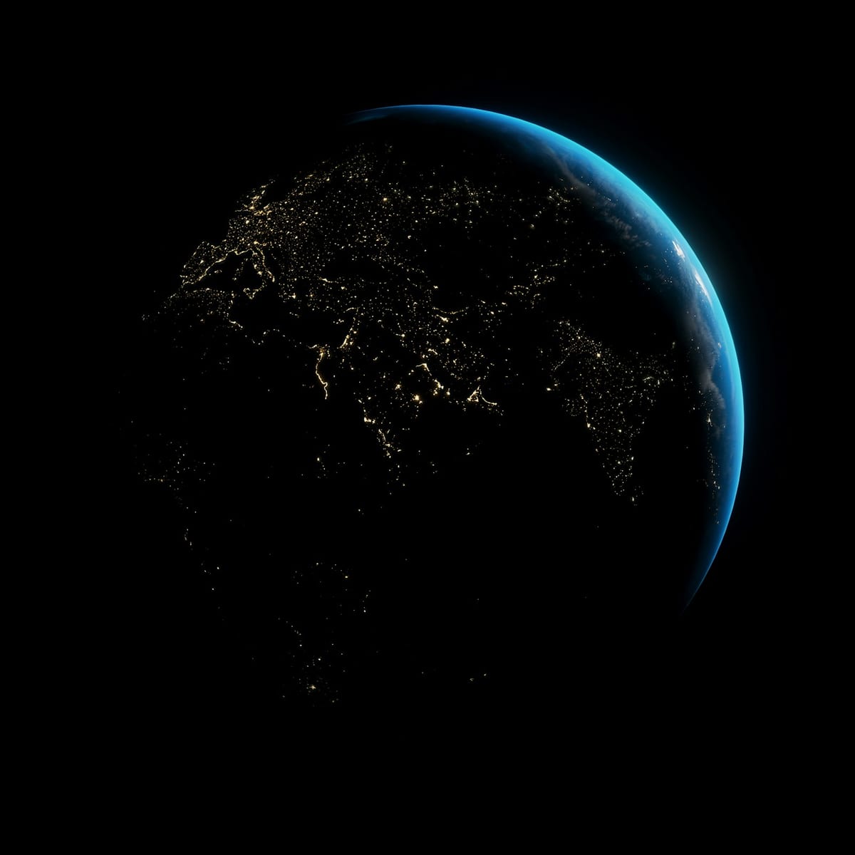 Earth from space at night, city lights glowing