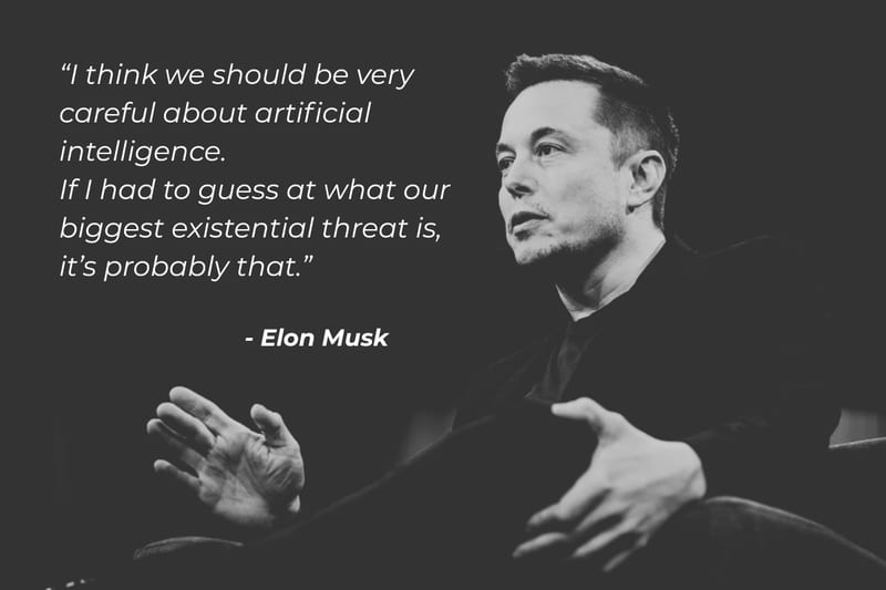 Quote over a portrait of Elon Musk: "I think we should be very careful about artificial intelligence. If I had to guess at what our biggest existential threat is, it's probably that."
