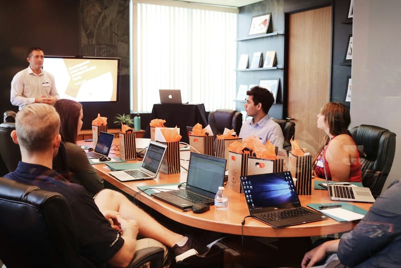 A person presenting to a team in a meeting